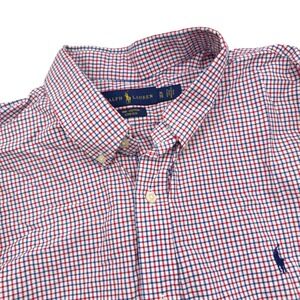 Polo Ralph Lauren Men XL Gingham Button Down Shirt Red White Blue Cotton Stretch